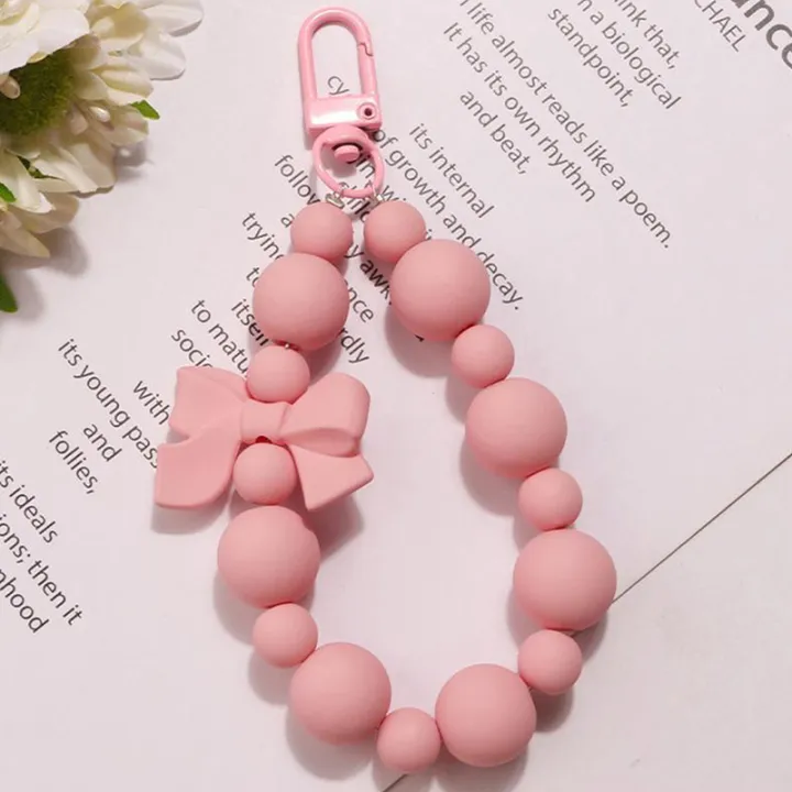 Sweet Pink Bow Beaded Keychain Mobile Phone Chain Earphone Bag Charms Anti-lost Rope Car Keyring Backpack Pendant Jewelry Luolong