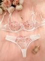 Floral Embroidery Lingerie Set, Mesh Unlined Bra & Mesh Panty, Women's Lingerie & Underwear. 