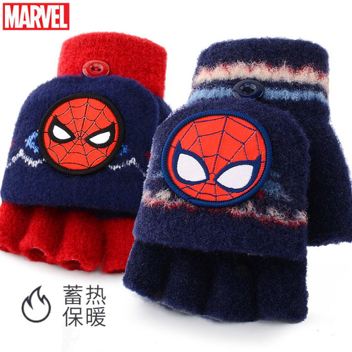 Children's Half Finger Flip Gloves Boys Autumn and Winter Open Finger Pupils' Writing Warm Kids Spider-Man