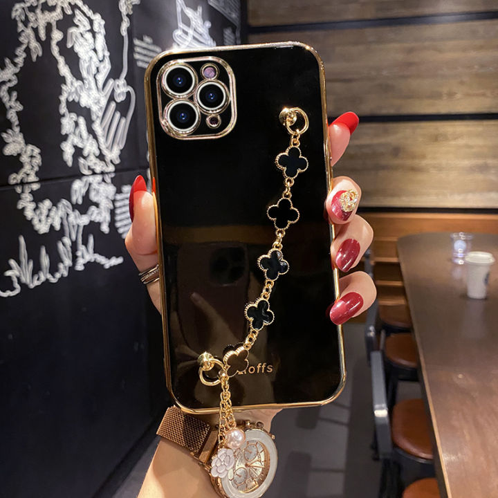 Maitus for iPhone 14 Pro Max Back Cover with Four Leaf Clover Bracelet Luxury 6D Plating Square Bumper Shiny Bling Soft Silicone Cases Full Protection Mobile Phone Case