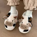 【ZIME】Women's Cartoon Cute Cow House Slippers Warm Plus Lined Closed Toe Fuzzy Home Slides Women's Fluffy Comfy Shoes Winter Autumn. 