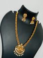 Gold color temple design long necklace set with silver color stone and off-white pearl for women and girl. 