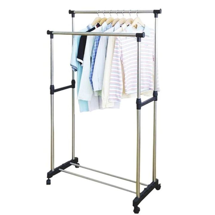 Double%20Pole%20Stainless%20Steel%20Clothes%20Rack%20-%20Silver%20Double%20Pole%20Telescopic%20Clothes%20Hanger,%20Garment%20Drying%20Rack%20with%20Rolling%20Wheels%20Steel%20Floor%20Cloth%20Dryer%20Stand%20-%20Image%205