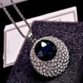 Chain Necklace Rhinestone Inlaid Vintage Long Round Pendant Necklace for Women. 