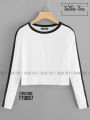 White Reglan Sleeve Black Contrast Lined Women Crop Top T Shirts | Tt9067 , crop top for women. 