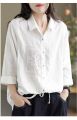 Yfashion Women Cotton Long Sleeves Blouse Trendy Retro Solid Color Embroidery Shirt Loose Single Breasted Cardigan Tops. 