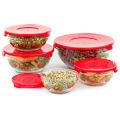 Glass Bowls Set With Lids - 5 Pcs Glass Mixing & Serving Bowl Set Elegant 5-Piece Glass Bowl Set | Red Airtight Plastic Lids | Microwave & Dishwasher Safe. 