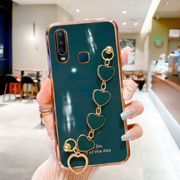 For Vivo Y17 Back Cover with 3D Love Heart Wristband Chain Fashion Bracelet Shiny Plating Phone Case Soft Silicone Bumper Protective Cover