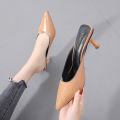 【BestGO】New Fashion 2.36 inches Brown High Heels Mules Sandals Shoes for Women Ladies Stiletto Mid Heeled Sandals Woman Causal Pointed Slipper Shoes Size 34-39. 