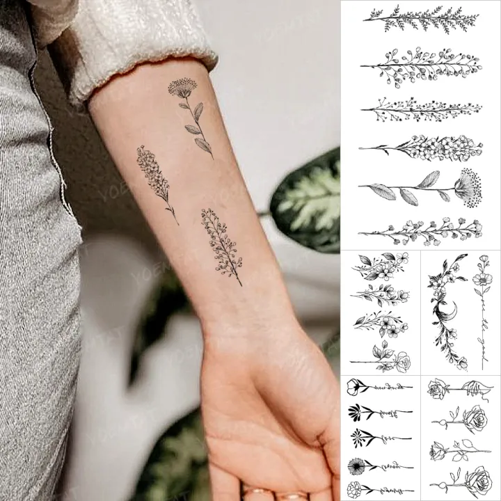 Waterproof%20Temporary%20Tattoo%20Sticker%20Bouquet%20Flower%20Lavender%20Bra%E3%80%902025%20Version%E3%80%91nch%20Small%20Black%20Tatoo%20Arm%20Wrist%20Hand%20Women%20Glitter%20Tattoos%20Kids%20-%20Image%202