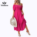 Yfashion Sexy Off Shoulder Dress For Women Summer Elegant Puff Short Sleeves Long Skirt Solid Color Ruffled Dress. 