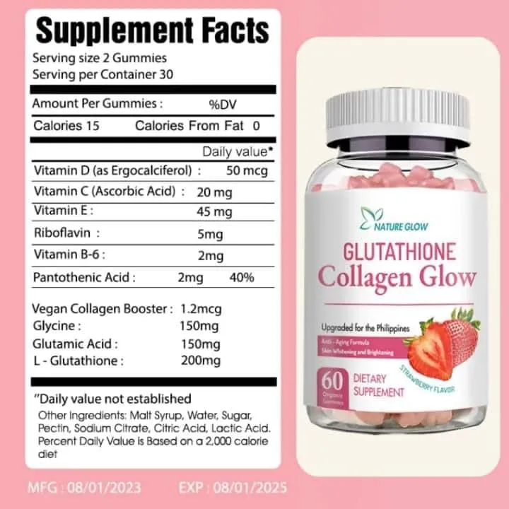 ingredients of glutathione collagen glow Nature Glow Strawberry Flavor Organic Chewable Gummies fruit A simple Vitamin B12 مقاس:50 جرام (1.8 أونصة)