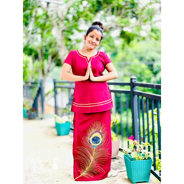 Linen Hand Painted Peacock Feather Lungi Dress In Maroon Color | Daraz.lk