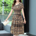 Yfashion Women Cotton V-neck Dress Summer Ice Silk Short Sleeves A-line Skirt Large Size Loose Casual Dress. 