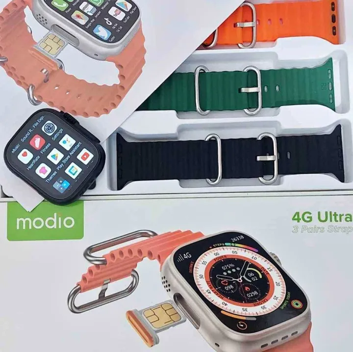 Modio 4G Ultra Smart Watch 2.2 inch Display 3 Pairs strap 4G Call ...