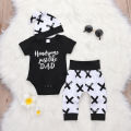 3Pcs Newborn Baby Boys Cotton Black Letter Top Romper Jumpsuit Long Pants Leggings +Hat Outfits Clothes 0-24M. 