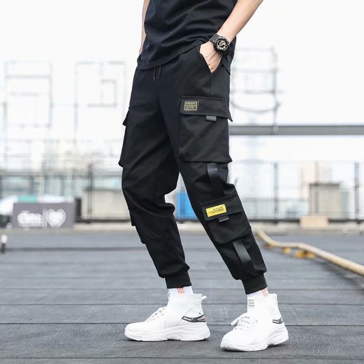 Men's Side Pockets Cargo Harem Pants Ribbons Black Hip Hop