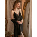 SYQ Lingerie Pajamas Women's Lace Bare Back Artificial Silk Slip Nightdress Nightgown Set With Chest Pad. 