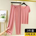 Women's Pajamas Summer Suit Ice Silk Thin Homewear Can Be Worn outsideVCollar Short Sleeve Wide Leg Pants Two-Piece Set Loose Outfit. 