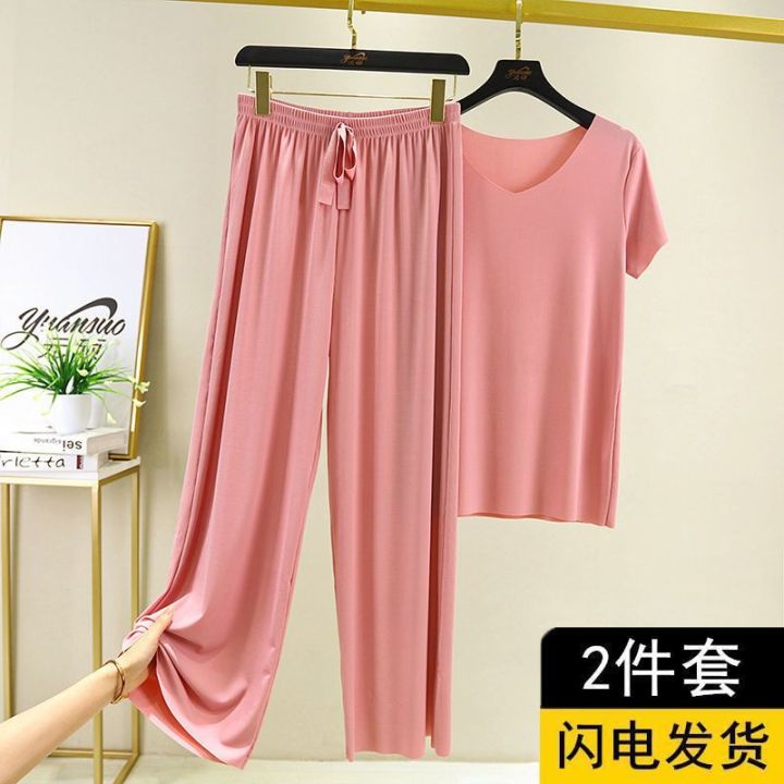 Women's%20Pajamas%20Summer%20Suit%20Ice%20Silk%20Thin%20Homewear%20Can%20Be%20Worn%20outsideVCollar%20Short%20Sleeve%20Wide%20Leg%20Pants%20Two-Piece%20Set%20Loose%20Outfit%20-%20Image%208