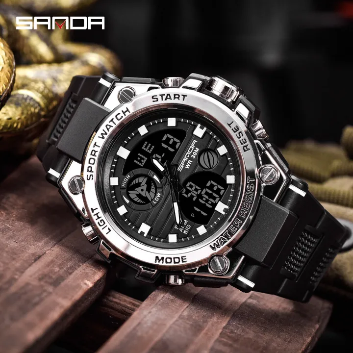 【Miga Plaza】SANDA 739  Style Large Dial Men's Watch Male Student Fashion Trend Multi-Function Digital Waterproof Luminous Chronograph Watches