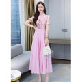 bellylady Women Cotton Chiffon Dress Chinese Style Printing Stand Collar Mid-length Retro Cheongsam Skirt. 