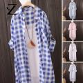 Zentora Three-quarter Sleeve Shirt Korean Style Plaid Print Long Shirt for Women Stylish Three Quarter Sleeve Top with Irregular Hem Sunscreen Protection Loose Fit Single-breasted Lapel Design Trendy Fashion. 
