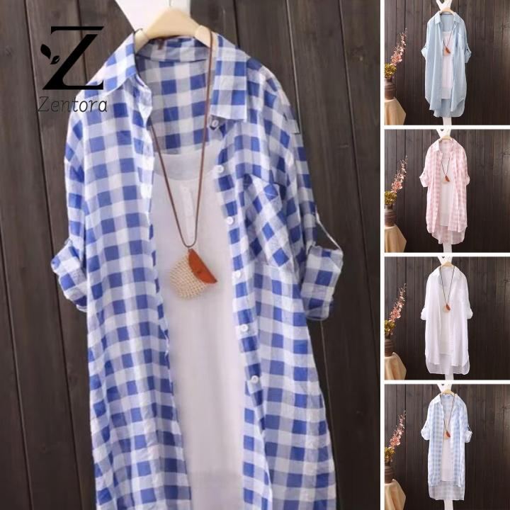 Zentora%20Three-quarter%20Sleeve%20Shirt%20Korean%20Style%20Plaid%20Print%20Long%20Shirt%20for%20Women%20Stylish%20Three%20Quarter%20Sleeve%20Top%20with%20Irregular%20Hem%20Sunscreen%20Protection%20Loose%20Fit%20Single-breasted%20Lapel%20Design%20Trendy%20Fashion%20-%20Image%205