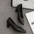 Professional Women's Shoe Summer High Heels Black Leather Shoes Formal Clothes Interview Work Shoes round Head Chunky Heel Mid Heel Work Shoes Women. 