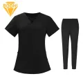 Women Medical Suit 2pcs Unisex Hospital Scrubs Set V-neck Short Sleeve Pockets Elastic Waist Pants Quick Dry Nursing Uniforms Dental Assistant Scrubs. 