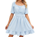 Yfashion 100% Polyester Summer New Solid Color Square Neck Short Sleeve Loose Open Back Tie Dress. 