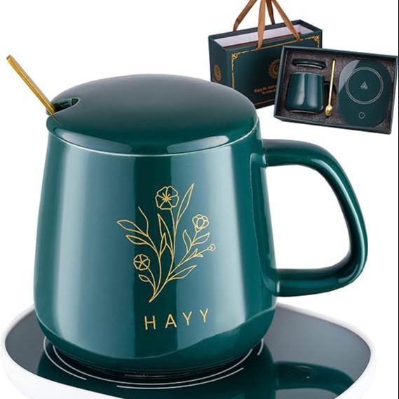 Coffee Mug Warmer with (Ceramic) Cup (USB Cable) & Cup Warmer Set for Desk with Gravity Sensing Auto Shut Off Heating Plate for Home Office Milk Tea Gift(Include Cup) HAYY (Green)