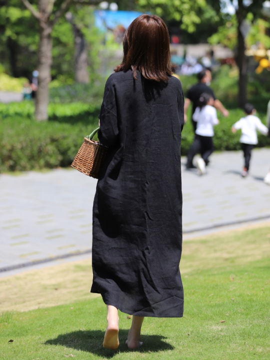 Foreign%20Trade%20Export%20New%20Linen%20Dress%20Black%20Full%20Cardigan%20Shirt%20plus%20Size%20Skirt%20Three-Quarter%20Sleeve%20Cotton%20and%20Linen%20Mid-Length%20-%20Image%202