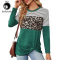 bellylady Women Casual T-Shirt Round Neck Long Sleeves Tunics Twist Knot Blouse Leopard Print Stripe Pullover Tops. 