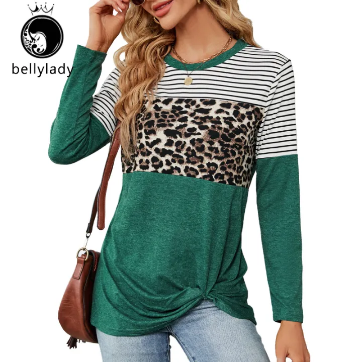 bellylady%20Women%20Casual%20T-Shirt%20Round%20Neck%20Long%20Sleeves%20Tunics%20Twist%20Knot%20Blouse%20Leopard%20Print%20Stripe%20Pullover%20Tops%20-%20Image%209