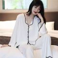Black and White Simple Pajamas Women's Summer Milk Silk Thin 2024 New Long Sleeve Internet Celebrity Home Wear Two-Piece Suit. 