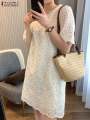 ZANZEA Women’s Mini Sundress, Vintage Lace Embroidered White Dress, Summer Holiday, Short Sleeve. 