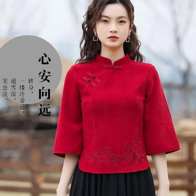 Spring%20and%20Summer%20Style%20Retro%20Hanfu%20Improved%20Cheongsam%20Chinese%20Button%20Knots%20Top%20New%20Republic%20of%20China%20Style%20Women's%20Clothes%20Tang%20Suit%20Outfit%20-%20Image%206