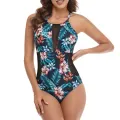 Summer Ladies One-piece Swimsuit, Adults Women Floral Leaves Printing/Solid Color Mesh Splicing Backless Swimwear. 
