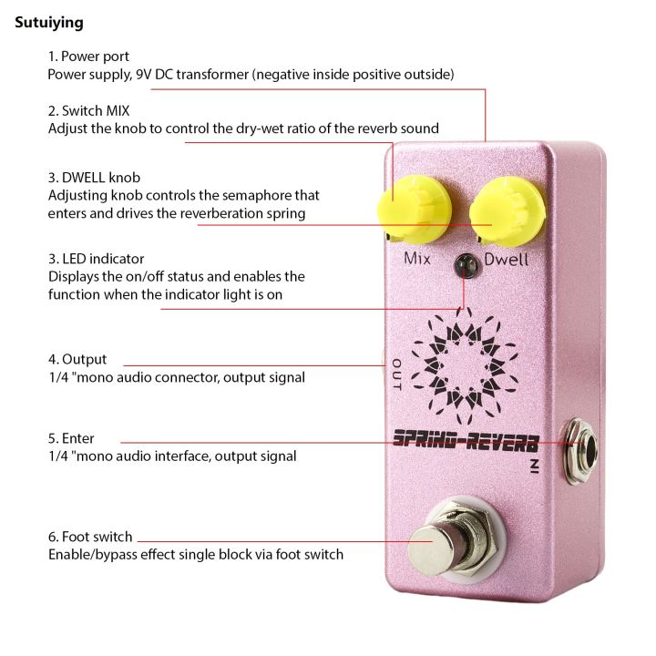 Sutuiying Guitar Spring Rever Pedal Electric Guitar Effects Pedal True 【2025 Version】 Bypass DC 9V 6.35mm Input/Output Interface MIX/DWELL 2 Knobs