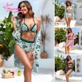 Muses Mall Quick-drying Bikini Set 3-piece Leaf Print Bikini Cardigan Set for Women High Waist Swimsuit with Quick Dry Lace-up Bra Beachwear for Water Sports Women Swimsuit Set. 