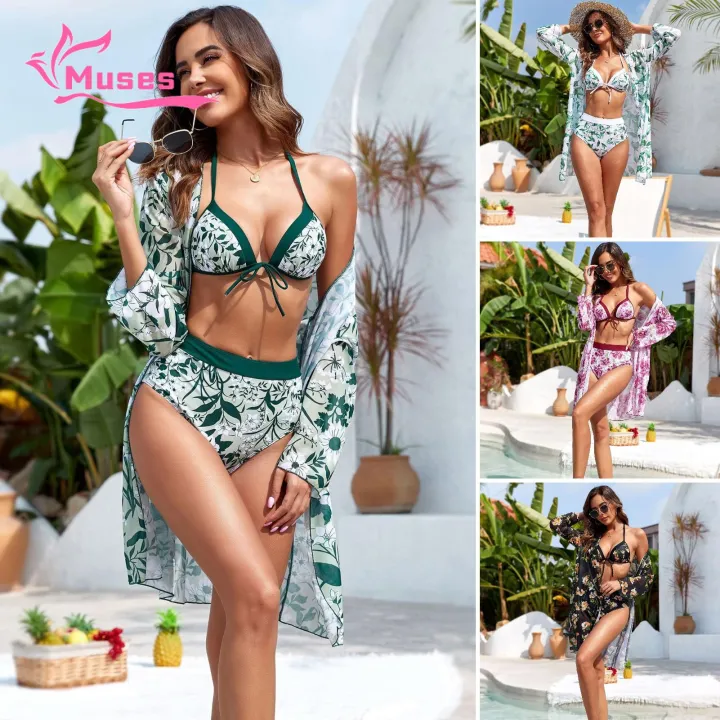 Muses Mall Quick-drying Bikini Set 3-piece Leaf Print Bikini Cardigan Set for Women High Waist Swimsuit with Quick Dry Lace-up Bra Beachwear for Water Sports Women Swimsuit Set