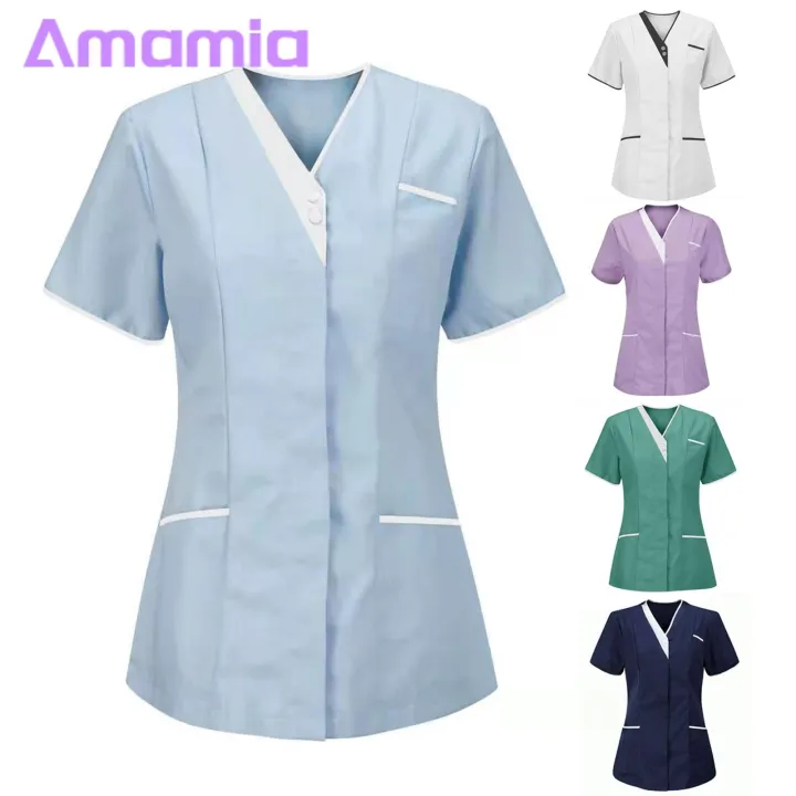 V-neck%20Design%20Nurse%20Tops%20Women's%20V-neck%20Nurse%20Scrub%20Tops%20with%20Pockets%20Stylish%20Patchwork%20Color%20Nursing%20Uniforms%20for%20Work%20Short%20Sleeve%20Overalls%20Workwear%20Nurse%20Uniform%20-%20Image%203