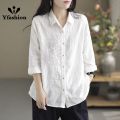 Yfashion Women Cotton Long Sleeves Blouse Trendy Retro Solid Color Embroidery Shirt Loose Single Breasted Cardigan Tops. 