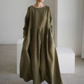 Yfashion Women Cotton Loose Large Size Dress Cotton Linen Round Neck Pullover Casual Simple Solid Color Large Swing Dress. 