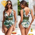 Monokini Skirt Set Floral Print Deep V Neck Swimsuit Set for Women 2 Pcs/set Beachwear with Lace-up Skirt Quick Dry High Waist Design Women One-piece Swimsuit. 