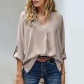 Yfashion Women Summer Loose Shirt V Neck Long Sleeve Roll Up Sleeve Solid Color Tunic Tops Business Casual Shirts Work Tops. 