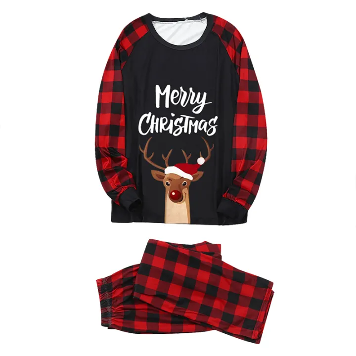 bellylady%202%20Pcs/set%20Parent-ld%20%20Outfit%20Christmas%20Deer%20Alphabet%20Printed%20Plaid%20Pattern%20Long-sleeved%20Pajamas%20Set%20color%20-%20Image%203