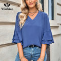 Yfashion Women V-neck Ruffle Bell Sleeve Blouse Solid Color Soft Comfortable Summer Loose Top Pullover T-shirt. 