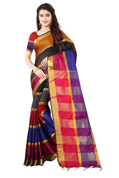 Women's Checkered Cotton Silk Saree and Soft Shinning With Blouse Piece (Multicolor)